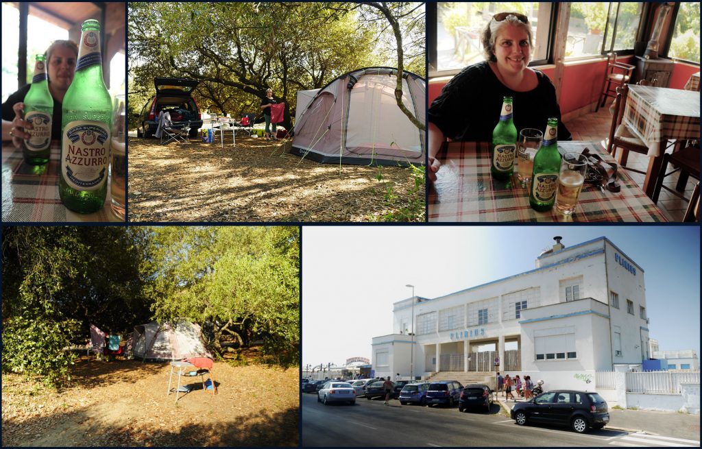 Collage van beelden van de camping in Castel Fusano (kampementje en de bar) met de monumentale strand-uitspanning “Plinius” op korte afstand in het naburige Ostia (©2015 Huib J. Lirb)