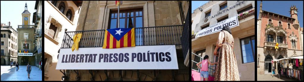 Links en tweede van links: het gemeentehuis (l’Ajuntament) van Vic aan het Plaça Major, met de klokketoren, voorzien van spandoek (“Vrijheid Politieke Gevangenen”) met bijbehorend geel lint (“llaç groc”) en de estelada. Tweede van rechts: spandoek met geel lint aan het gemeentehuis van La Garriga met op de voorgrond een “Gegant” (die overigens ook, hier evenwel niet zichtbaar, een geel lintje opgespeld had gekregen). Geheel rechts: een “llaç groc” aan het balkon van het gemeentehuis van Granollers. Alle foto’s ©2018 Huib J. Lirb